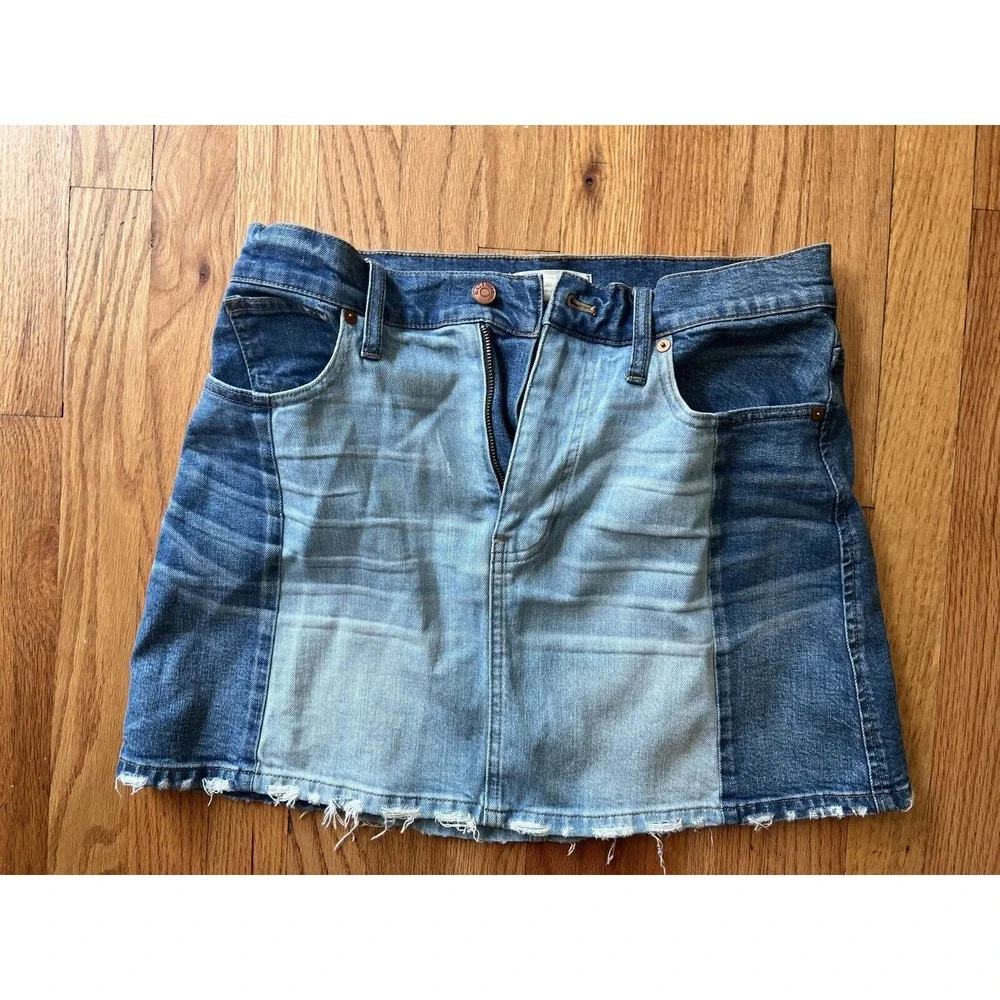 Madewell 1 denim‎ mini skirt Pieced McCarren patchwork raw hem boho jean wo…